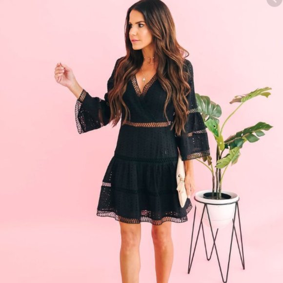 Vici Dresses & Skirts - Mark The Moment Eyelet Bell Sleeve Dress - Black